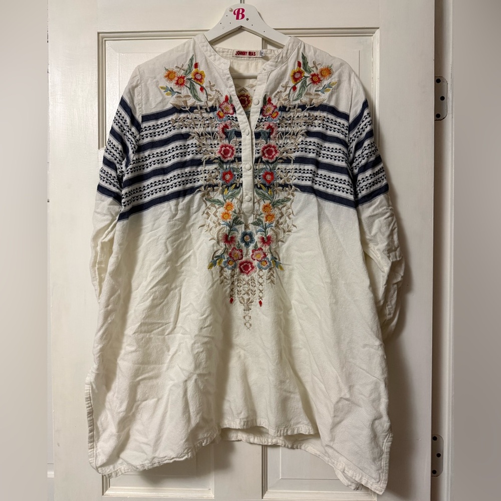 Johnny Was Cream Tunic with Navy Stripes and Multicolor Floral Embroidery